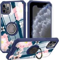 🌸 blue floral design iphone 11 pro max case with ring holder kickstand and 360 degree screen protector - compatible with magnetic car mount - cute flower cover case for women, girls - 6.5" iphone 11 pro max logo