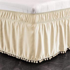 img 2 attached to 🛏️ Premium Pom Pom Bed Skirt with Adjustable Elastic Belt - Easy Wrap Around Dust Ruffles (16 Inch Tailored Drop) - Wrinkle & Fade Resistant - Queen Size, Beige