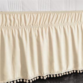 img 1 attached to 🛏️ Premium Pom Pom Bed Skirt with Adjustable Elastic Belt - Easy Wrap Around Dust Ruffles (16 Inch Tailored Drop) - Wrinkle & Fade Resistant - Queen Size, Beige