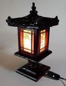 img 3 attached to Carved Wood Lamp Handmade Traditional Korean Window Design Art Deco Lantern Brown Asian Oriental Bedside Bedroom Accent Unusual Table Light (Pavilion)