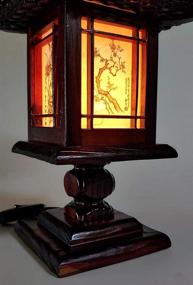 img 1 attached to Carved Wood Lamp Handmade Traditional Korean Window Design Art Deco Lantern Brown Asian Oriental Bedside Bedroom Accent Unusual Table Light (Pavilion)