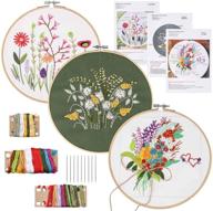 🌿 plant and flowers embroidery starter kit - 3 pack with pattern, 3pcs embroidery cloth, 1pcs bamboo embroidery hoop, color threads tools kit logo