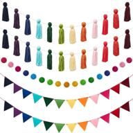 🌈 vibrant rainbow felt ball garland: 5-piece colorful tassel triangle flags and pom pom banner for mantel, room, wall, nursery - ideal for holiday decor! logo
