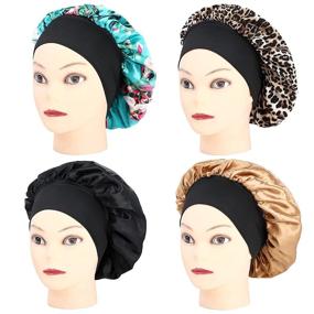 img 4 attached to 🌙 Xieklpwy 4 Pcs Satin Hair Bonnets: Wide Elastic Band Sleep Cap for Women, Adjustable Night Sleeping Head Cover