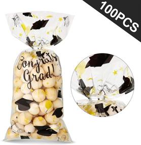 img 2 attached to 🎉 100 Pieces Graduation Plastic Treat Bags, Congrats Graduates Clear Cellophane Gift Bags, Goodie Favor Candy Wrapping Bags with 100 Silver Twist Ties, Graduation Day Grad Party Supplies (Black & Gold)
