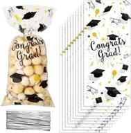 🎉 100 pieces graduation plastic treat bags, congrats graduates clear cellophane gift bags, goodie favor candy wrapping bags with 100 silver twist ties, graduation day grad party supplies (black & gold) logo