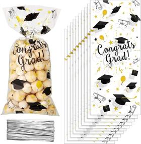 img 4 attached to 🎉 100 Pieces Graduation Plastic Treat Bags, Congrats Graduates Clear Cellophane Gift Bags, Goodie Favor Candy Wrapping Bags with 100 Silver Twist Ties, Graduation Day Grad Party Supplies (Black & Gold)