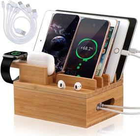 img 4 attached to 🔌 Pezin &amp; Hulin Desktop Docking Station Organizer with Bamboo Construction, Ideal for Multiple Devices Charging - Smartphone, Smart Watch, Earbuds, Cellphone, Tablet - Includes 5 Charging Cables, USB Charger Not Included