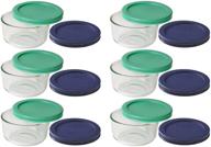 pack of 6 pyrex storage 1 cup round dishes, clear with green and blue lids, in green and blue logo