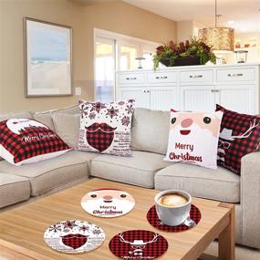 img 4 attached to 🎄 Set of 4 Christmas Pillow Covers 18x18 with 4 Cork Coasters - Black and Red Buffalo Plaid Outdoor Christmas Decoration, Winter Holiday Throw Pillow Covers