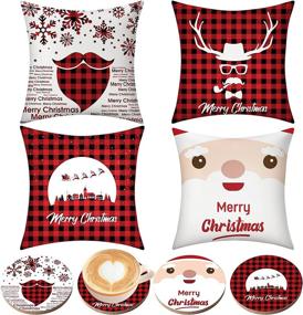 img 3 attached to 🎄 Set of 4 Christmas Pillow Covers 18x18 with 4 Cork Coasters - Black and Red Buffalo Plaid Outdoor Christmas Decoration, Winter Holiday Throw Pillow Covers