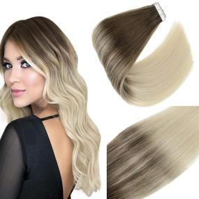 img 4 attached to 🏼 Transform Your Hair with Balayage Tape-in Extensions: 14" Light Brown to Platinum Blonde Ombre, Skin Weft, Straight Hair - 20pcs, 50g