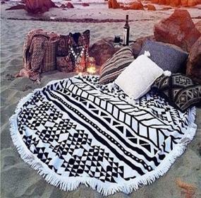 img 4 attached to 🌺 Black2 Round Mandala Tapestry Indian Wall Hanging Beach Throw Towel for Yoga Mat, Sunscreen Shawl, Wrap Skirt with Tassels – 100% Cotton Beach Towel