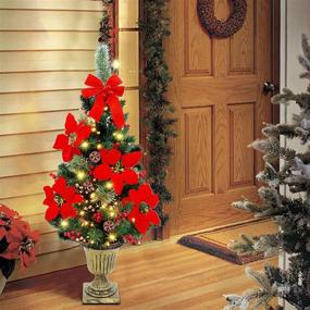 img 1 attached to 3FT Pre-Lit Poinsettia Spruce Entrance Christmas Tree with 100 LEDs, Pine Cones, Red & Golden Berries - Gold Urn Base for Front Door, Porch, Entryway Xmas Home Decor (1 Pack)