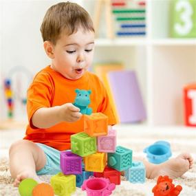 img 2 attached to Soft Building Stacking Block Set for Toddlers 6-12 Months and Up - 18 Pack, Montessori Teething Toy with Numbers, Animals, Shapes, and Textures - Baby Blocks & Balls, Sensory Stacking Toys for Infant Boys & Girls.