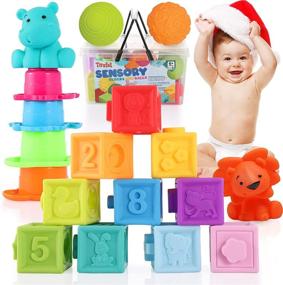 img 4 attached to Soft Building Stacking Block Set for Toddlers 6-12 Months and Up - 18 Pack, Montessori Teething Toy with Numbers, Animals, Shapes, and Textures - Baby Blocks & Balls, Sensory Stacking Toys for Infant Boys & Girls.