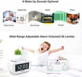 img 2 attached to 🕰️ REACHER Small Digital Alarm Clock Radio with Dual USB Charging Ports, Adjustable Dimmer, Weekday/Weekend modes, Thermometer, 6 Volume Sounds, Sleep Timer, AC Powered + Battery Backup for Bedroom (White)