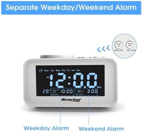 img 1 attached to 🕰️ REACHER Small Digital Alarm Clock Radio with Dual USB Charging Ports, Adjustable Dimmer, Weekday/Weekend modes, Thermometer, 6 Volume Sounds, Sleep Timer, AC Powered + Battery Backup for Bedroom (White)