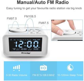 img 3 attached to 🕰️ REACHER Small Digital Alarm Clock Radio with Dual USB Charging Ports, Adjustable Dimmer, Weekday/Weekend modes, Thermometer, 6 Volume Sounds, Sleep Timer, AC Powered + Battery Backup for Bedroom (White)