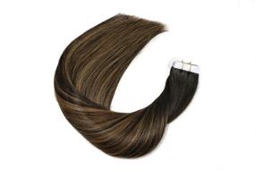 img 2 attached to 💇 Premium Tape In Hair Extensions: 20pcs/50g Set in #1BT6P1B Natural Black to Chestnut Brown Highlight Black Piano Color. Double Sided Tape Skin Weft Remy Silk Straight Hair for Glue in Extensions. 16 Inch Human Hair.