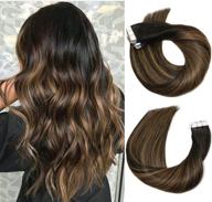 💇 premium tape in hair extensions: 20pcs/50g set in #1bt6p1b natural black to chestnut brown highlight black piano color. double sided tape skin weft remy silk straight hair for glue in extensions. 16 inch human hair. logo