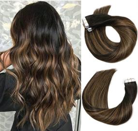 img 4 attached to 💇 Premium Tape In Hair Extensions: 20pcs/50g Set in #1BT6P1B Natural Black to Chestnut Brown Highlight Black Piano Color. Double Sided Tape Skin Weft Remy Silk Straight Hair for Glue in Extensions. 16 Inch Human Hair.