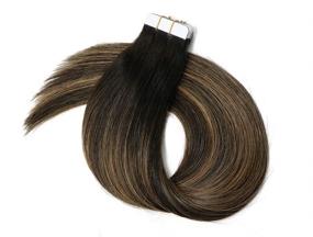 img 1 attached to 💇 Premium Tape In Hair Extensions: 20pcs/50g Set in #1BT6P1B Natural Black to Chestnut Brown Highlight Black Piano Color. Double Sided Tape Skin Weft Remy Silk Straight Hair for Glue in Extensions. 16 Inch Human Hair.