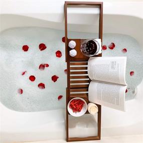 img 2 attached to 🛀 Luxury Dark Walnut Brown Bathtub Caddy: Extendable Eco-Friendly Bamboo Tray with Wine, Book, & Tablet Holder