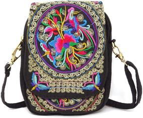 img 4 attached to 👜 Honbay Yunnan Ethnic Style Handmade Embroidered Canvas Crossbody Bag - Mini Flip Shoulder Bag for Women and Girls