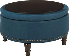 img 3 attached to OSP Home Furnishings Augusta Round Storage Ottoman in Klein Azure Blue Fabric with Decorative Nailheads, Flip Over Lid, and Serving Tray Surface