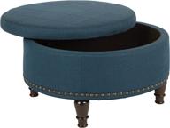 osp home furnishings augusta round storage ottoman in klein azure blue fabric with decorative nailheads, flip over lid, and serving tray surface logo