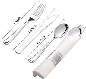 img 3 attached to 🍽️ 30 Pack Premium Disposable Silverware Set with Pre Rolled Napkins and Silver Plastic Cutlery - Includes 30 Forks, 30 Knives, 30 Spoons, and 30 Linen-Like Napkins