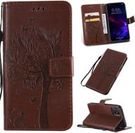 📱 iphone 11 case with screen protector & wallet – brown pu leather emboss tree cat flowers folio magnetic kickstand cover card slots logo