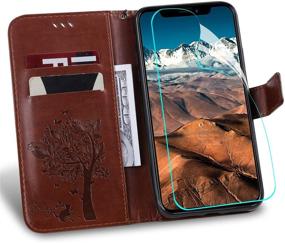 img 3 attached to 📱 iPhone 11 Case with Screen Protector & Wallet – Brown PU Leather Emboss Tree Cat Flowers Folio Magnetic Kickstand Cover Card Slots