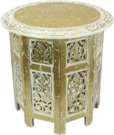 🪑 cotton craft- jaipur solid wood handcrafted carved folding accent coffee table in antique gold and white - 18 inch round top x 18 inch high - exquisite hand carving логотип