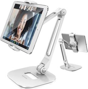img 4 attached to 📱 AboveTEK длинная алюминиевая подставка для планшетов: универсальная складная столешница для iPad с регулируемым креплением на зажиме 360° - белый.
