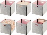 📦 mdesign soft felt cube bin box with zipper - front handle with lid - storage for closet, bedroom, furniture shelving units - textured print - set of 6 - light gray and light pink logo