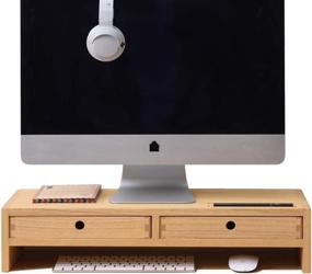 img 4 attached to 🖥️ Kirigen Wood Monitor Stand with 2 Drawers - Computer Arm Riser Desk Storage Organizer, Speaker TV Laptop Printer Stand with Pen Slot and Cable Management, 2-Tier Desktop Shelf for Enhanced SEO