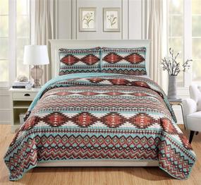 img 1 attached to Turquoise Rustic Southwestern Tribal Bedspread Set - Utah, Full/Queen Size, Quilt Stitched with Native American Patterns - Rugs 4 Less Western Bedding