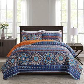 img 4 attached to 🛏️ Vessia Queen Size Quilt Set with Boho Circle Pattern - 90x96 inch Super Soft Lightweight Bedspreads - All-Season Reversible Coverlet in Navy and Orange