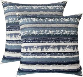 img 4 attached to 🛏️ ROMANDECO Set of 2, Jacquard Stripe Pillow Case Square Decorative Throw Cushion Cover with Invisible Zipper for Bed 18" x 18" - Navy Blue