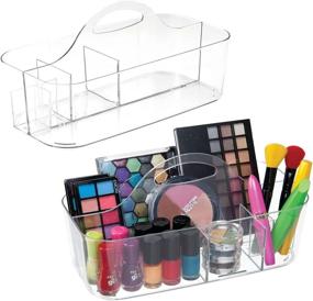 img 4 attached to 🛍️ Large Plastic Makeup Storage Organizer Caddy Tote - Divided Basket Bin with Handle for Eyeshadow Palettes, Nail Polish, Makeup Brushes, Cosmetic and Shower Essentials - 2 Pack, Clear