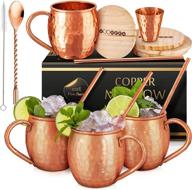 yooreka moscow mule mugs gift set: 4 copper cups, straws, coasters, spoon, brush, shot glass - handcrafted & genuine 16 oz solid copper logo