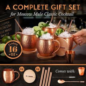 img 3 attached to Yooreka Moscow Mule Mugs Gift Set: 4 Copper Cups, Straws, Coasters, Spoon, Brush, Shot Glass - Handcrafted & Genuine 16 oz Solid Copper