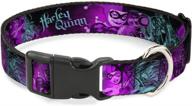 harley quinn pow aiming poses joker dog collar - black, turquoise & fuchsia - adjustable length: 15 to 26 inches - width: 1.0 inch - plastic clip logo