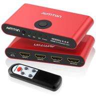 🔴 avmton 4k hdmi 2.0 switch 3 port - hdmi switcher splitter 3 in 1 out - aluminum red hdmi selector box with remote - supports 4k@60hz ultra hd 3d 2160p 1080p - ideal for dvd, ps3/4, tv/x box, fire stick, blu-ray player logo