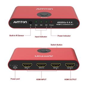 img 1 attached to 🔴 AVMTON 4K HDMI 2.0 Switch 3 Port - HDMI Switcher Splitter 3 in 1 Out - Aluminum Red HDMI Selector Box with Remote - Supports 4K@60Hz Ultra HD 3D 2160P 1080P - Ideal for DVD, PS3/4, TV/X Box, Fire Stick, Blu-Ray Player