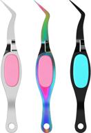 🔧 stainless steel curved craft tweezers with locking mechanism, soft-grip handle and pointed tip - pack of 3 (rainbow/pink, silver/pink, black/blue), ideal for diy crafts logo