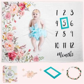 img 4 attached to 🌸 Flower Milestone Blanket: Personalized Baby Girl Shower Gift with Growth Chart & Wreath Headband - Large 59"x40" Frame Included