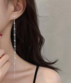 img 3 attached to SLUYNZ 925 Sterling Silver CZ Studs: Long Chain Dangle Earrings for Women, Teen Girls - Line Earrings with Chain Backs, 6.3 inch